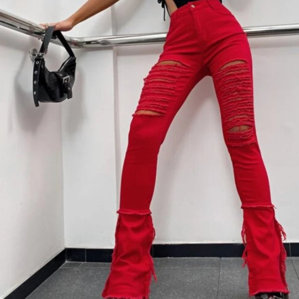 High Waist Ripped Frayed Hem Flare Leg Jeans